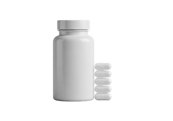 Sleek matte-white health supplement bottle, three pearlescent softgel capsules in a row, isolated on a transparent studio background, no shadows, concept for product purity and quality