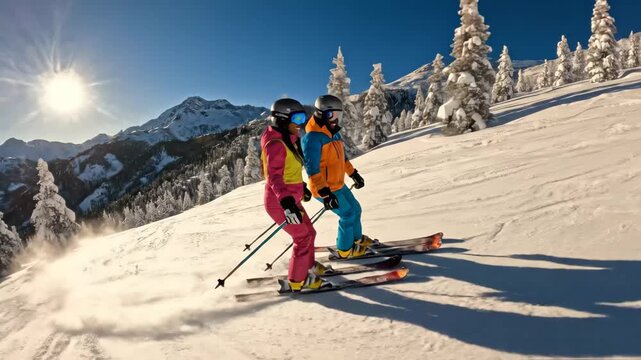 Couple Skiing on Sunny Day in Mountains - A couple smiles as they ski down a snowy mountain slope on a bright sunny day.