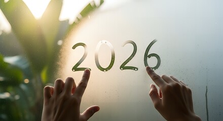 Hands writing 2026 on a steamy window with warm sunlight filtering through lush greenery