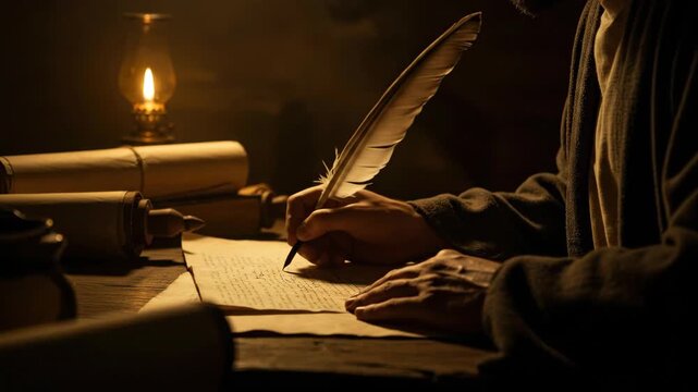 Ancient man writing with quill pen on parchment paper by lantern light. Historian copying document for biblical literature.
