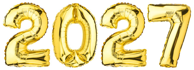 2027 Happy New Year celebration. Helium balloon. Golden Yellow foil color. Numbers Two 2, seven 7, Zero 0. Good for Party, greeting card, Advertising, Anniversary. Christmas 2027. Isolated background