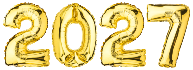 2027 Happy New Year celebration. Helium balloon. Golden Yellow foil color. Numbers Two 2, seven 7, Zero 0. Good for Party, greeting card, Advertising, Anniversary. Christmas 2027. Isolated background
