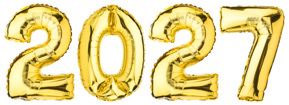 2027 Happy New Year celebration. Helium balloon. Golden Yellow foil color. Numbers Two 2, seven 7, Zero 0. Good for Party, greeting card, Advertising, Anniversary. Christmas 2027. Isolated background