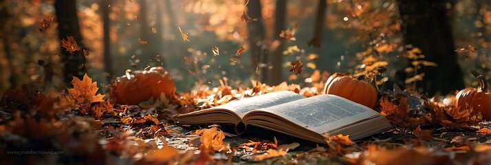Open book surrounded by autumn leaves and pumpkins in a forest setting with warm sunlight filtering through the trees.