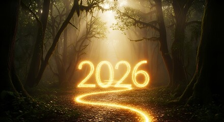 Journey into 2026 with luminous path through misty, ancient forest