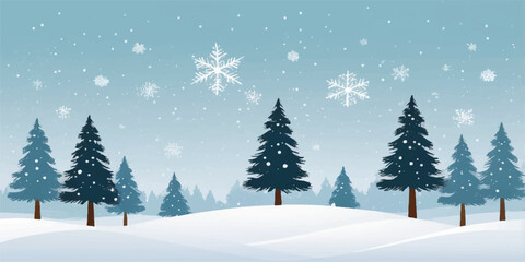 White, snowy winter landscape scene with frost-covered pine trees and a blue sky