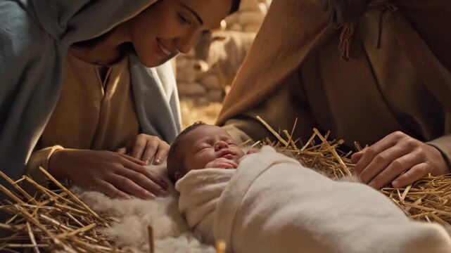 Nativity Scene with Holy Family - A tender moment of the holy family is shown with Mary and Joseph looking at baby Jesus lying peacefully in a manger with straw. The scene is bathed in warm lighting.