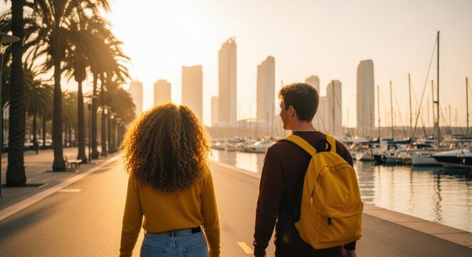 City Exploration: A young couple, filled with a sense of wonder, embarks on a shared adventure in a vibrant cityscape, immersing themselves in the urban landscape