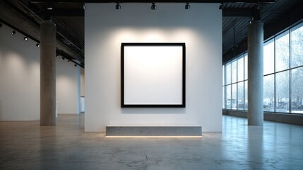 Modern art gallery interior with a large empty frame on the wall, showcasing minimalist design and clean lines with subtle lighting