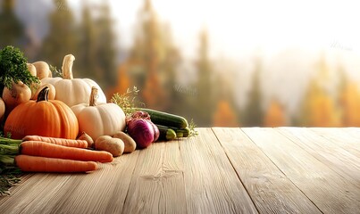 A rustic wooden table holds a colorful assortment of pumpkins and vegetables amidst a picturesque autumn forest backdrop, offering ample space for text related to the season.
