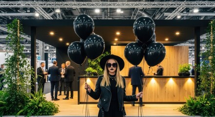 Black Balloons at Event: A stylish individual stands amidst a bustling event, holding a cluster of black balloons, adding a touch of elegance to the lively atmosphere.