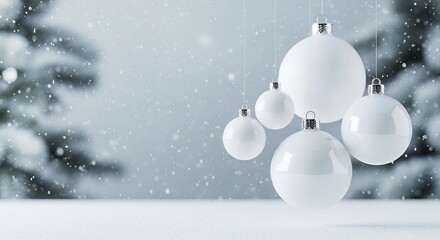 Elegant white Christmas ornaments gently falling snow create a serene winter holiday scene