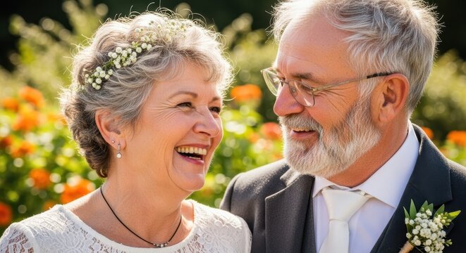 Joyful Embrace: A mature couple shares a tender moment of laughter and love. The scene radiates warmth and connection.