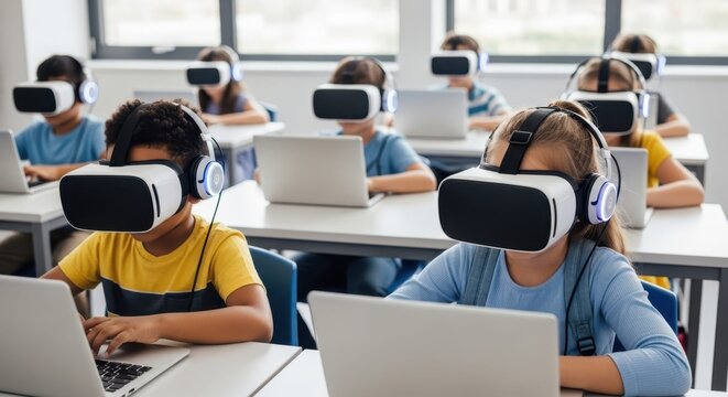 Virtual World in Classroom: Children immersed in virtual reality headsets explore digital realms in a classroom setting, showcasing technology's role in education. 