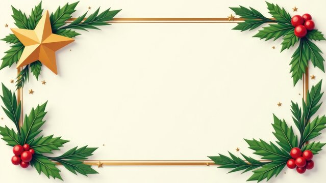 A festive Christmas frame decorated with holly leaves and stars, perfect for holiday decorations or gifts