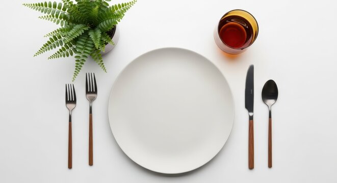 Dining Serenity: A minimalist arrangement presents an empty plate encircled by gleaming silverware and a refreshing drink, complemented by the freshness of verdant plant.