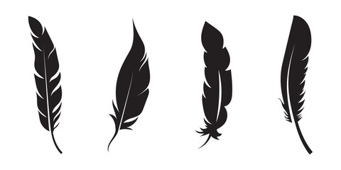 Elegant black feather silhouette set. Vector of feather icons collection. Black feather silhouette set in various shapes.