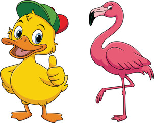 Cartoon duck and flamingo, colorful animals, kids illustration, tropical bird, thumbs up duck, pink flamingo, white background, cheerful pose