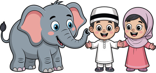 Cartoon elephant with children, multicultural kids, traditional clothing, friendly animal, educational character, joyful scene, white background, inclusive illustration