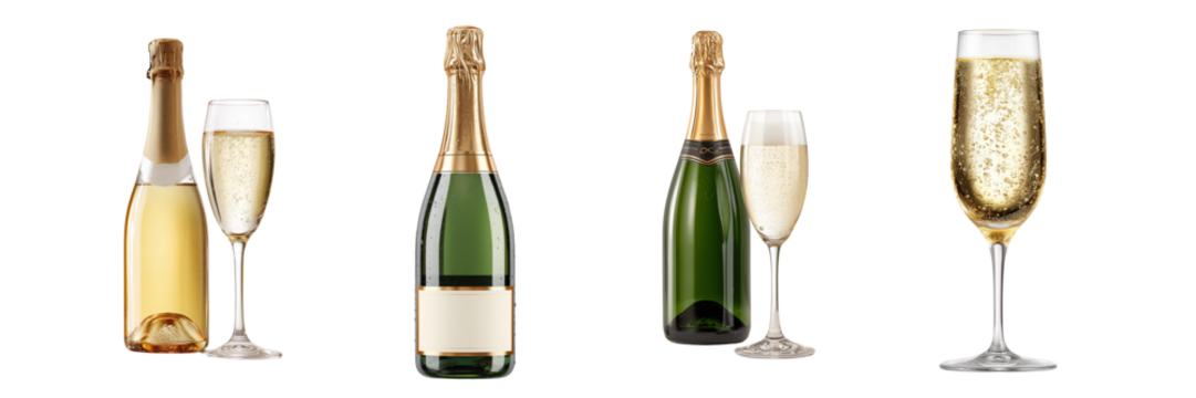 Two champagne bottles and two glasses filled with bubbly golden liquid isolated on a transparent background - Powered by Adobe