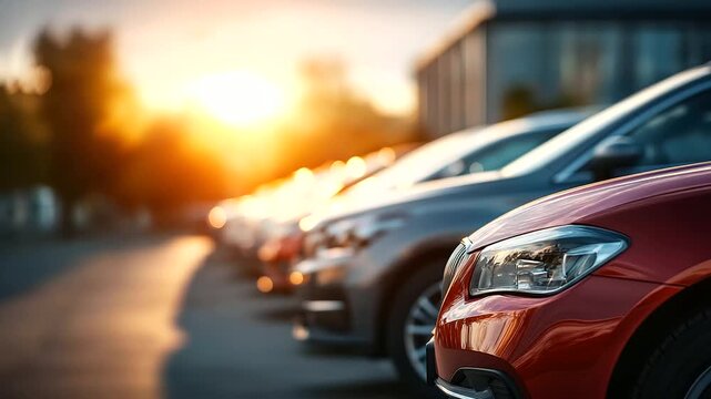 A row of used cars is displayed for rental or sale hyper realistic vehicle details with clear textures moody shadows on the lot bright saturation in car paint used car sales