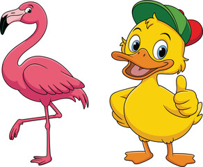 Cartoon flamingo, cheerful duck, kids animal illustration, thumbs-up gesture, colorful birds, vector art, playful character, white background, children’s content