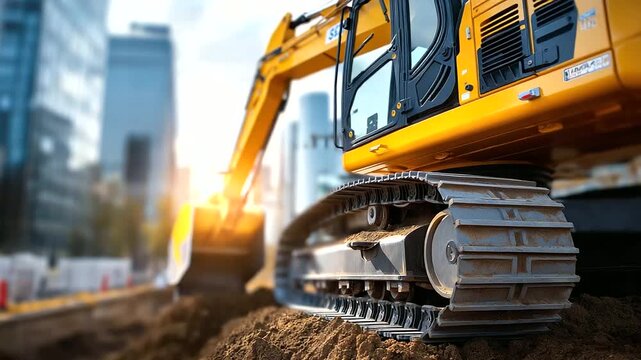 A track type loader excavator digs at a construction site hyper realistic tracks with clear details moody shadows on the soil bright saturation in heavy machinery track loader