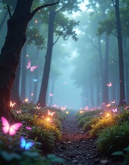 Obraz premium bosque mágico y de fantasía envuelto en una atmósfera etérea y misteriosa, al anochece.