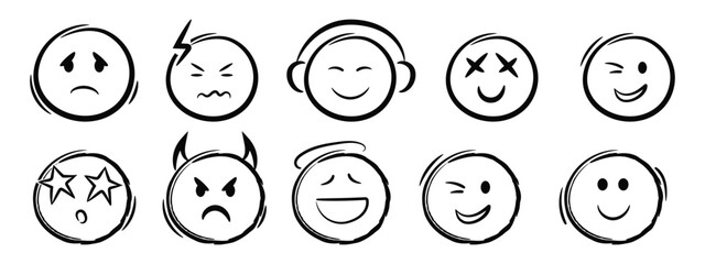 Hand drawn doodle emoticons set. Chalk or marker style faces with various expressions isolated on transparent  Marker style faces with various expressions isolated on white background 