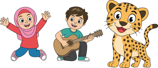 Cartoon girl in hijab, boy playing guitar, smiling leopard, joyful children, animal character, white background, educational kids illustration