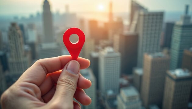 Hand holds red map pin over blurred city buildings skyline at sunset. Concept for travel destination, location search, urban exploration, city navigation.