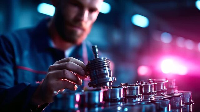 A mechanic measures a truck cylinder in a repair shop hyper realistic engine parts with clear details moody shadows on tools bright saturation in truck components truck repair
