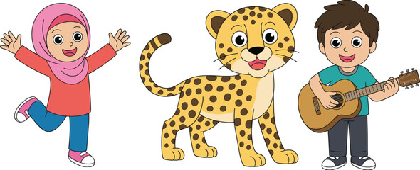 Cartoon girl in hijab, friendly leopard, boy playing guitar, multicultural kids, cheerful characters, educational illustration, diversity, fun, music, joy