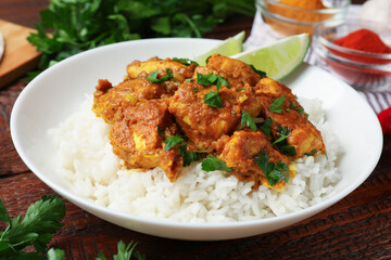 Chicken tikka masala with rice served on wooden table, closeup