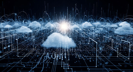 Futuristic digital cloud network with glowing data streams and luminous particles connecting information