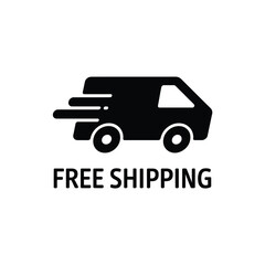 Black silhouette of a delivery van with speed lines and free shipping text
