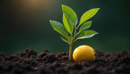 Young lemon seedling grows in dark soil next to a ripe yellow fruit. Small plant with green leaves develops in rich earth. Healthy sprout emerges, future citrus tree development.