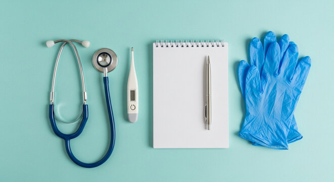 Medical Stethoscope Thermometer Gloves Notebook Pen On Blue Background Flat Lay