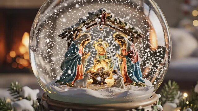 Christmas Nativity Snow Globe - A snow globe containing a miniature Nativity scene is shown with falling snow and warm lighting.