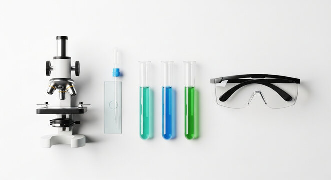 Pharmacy Microscope Test Tubes Pipette Slide Goggles On White Background