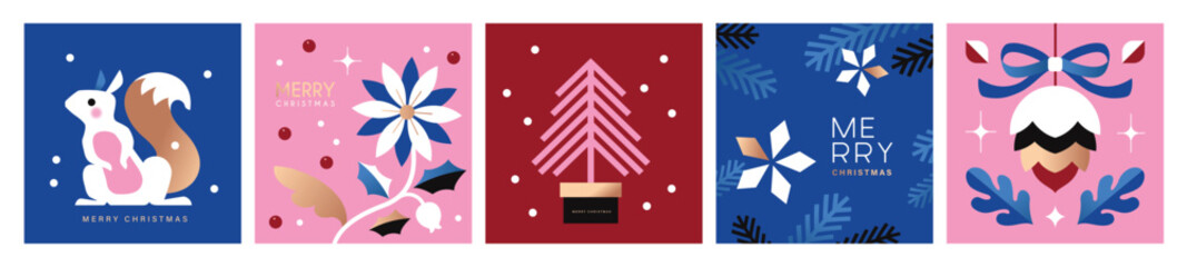 Set of 2026 Merry Christmas and Happy New Year background, banner, cover, poster design with trendy flat style illustration.   © LittleWhale