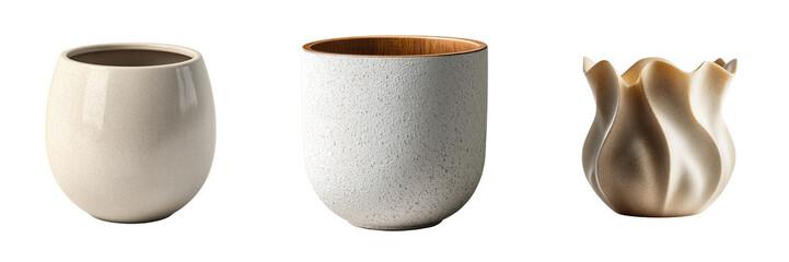Three decorative ceramic and wooden planters in neutral tones isolated on a transparent background vase