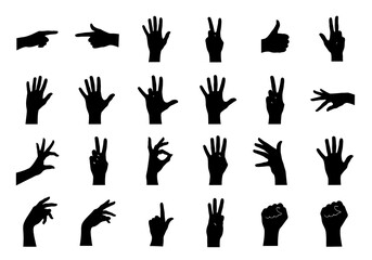 Collection of diverse black silhouette hand gestures and symbols displayed prominently