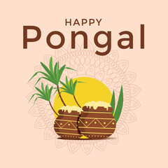 Indian celebration Pongal banner. Sun, pot, plant, mandala. Vector illustration