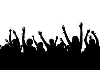 Silhouetted crowd with hands raised in a celebratory gesture