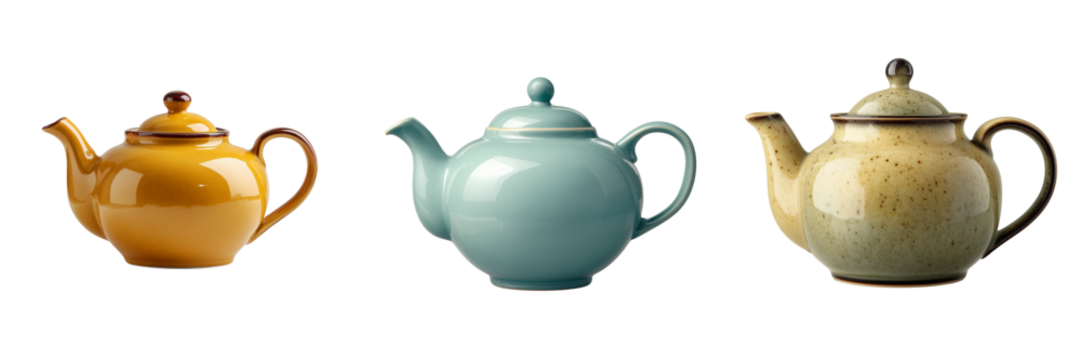 Three ceramic teapots in yellow blue and speckled green colors isolated on a transparent background kitchenware