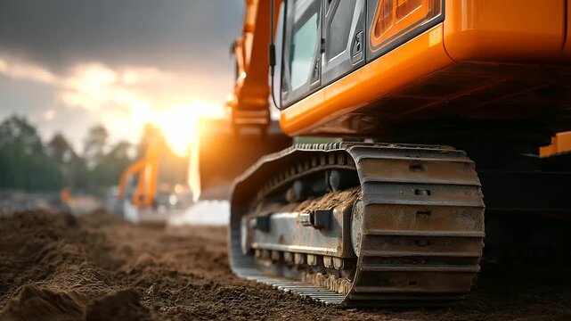A track type loader excavator digs at a construction site hyper realistic tracks with clear details moody shadows on the soil bright saturation in heavy machinery track loader