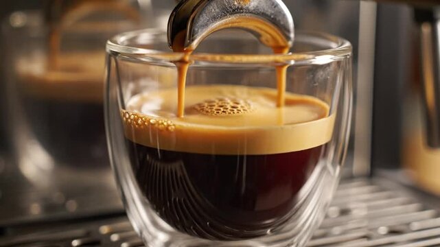 Fresh espresso brewing into glass cup close up commercial footage