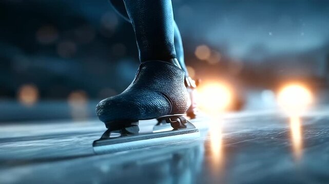 A speed skater races on a track hyper realistic skate details with clear textures moody shadows on the ice bright saturation in athletic gear speed skating competitive sports