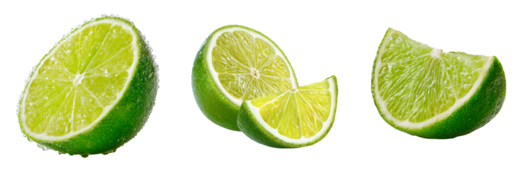 Fresh green lime halves and wedges with water droplets isolated on a transparent background citrus fruit - Powered by Adobe